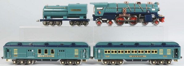 Lionel Lines Blue Comet Set.: Contemporary. Standard gauge. Includes no. 400E steam-type locomotive with matching tender in two-tone blue. Also comes with a Tuttle coach car and an Olbers baggage car. Includes original boxes with