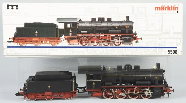 Marklin G-Gauge Steam Engine & Tender.: Contemporary. Engine is marked "4958". Includes original box marked "5508" with some overall wear. Condition (Excellent).