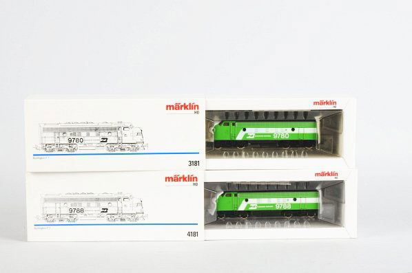 Lot of 2: Marklin HO Train Engines.: Contemporary. Includes Burlington Northern AA units. One engine marked "9780" with box marked "3181" and the other engine marked "9788" with box marked "4181". Condition (Near Mint).