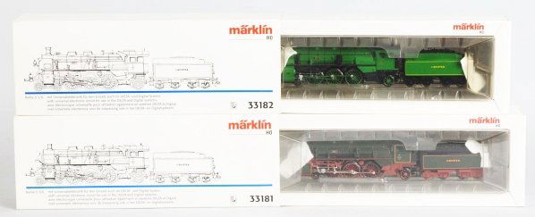 Lot of 2: Marklin HO Steam Engines & Tenders.: Contemporary. Includes two identical K. Bay. STS. 8 steam engines and tenders in different colors. One original box is marked "33181" and the other "33182". Condition (Near Mint).