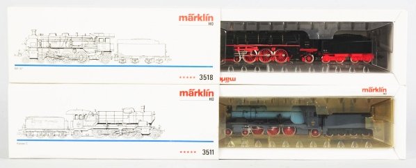 Lot of 2: Marklin HO Train Engines & Tenders.: Includes one train engine in box marked "3351" and one in box marked "3518". Both original boxes marked "Made in West Germany". Boxes have some overall creasing. Condition (Excellent - Near Mint).