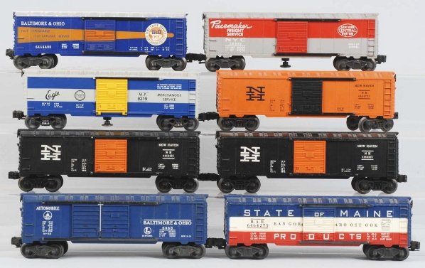 Lot of 8: Lionel Post-War Train Boxcars.: Includes three New Haven cars, two Baltimore & Ohio cars, one State of Maine car, one Eagle Merchandise car, and one New York Central pacemaker car. Various conditions. Condition (Very Good).
