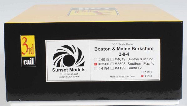 3rd Rail Sunset Model Brass Train Engine & Tender: Contemporary. Made in Korea, June 2003. O-scale. Boston & Maine Berkshire No. 3500 2-8-4. Includes original box and shipping box. Condition (Near Mint).