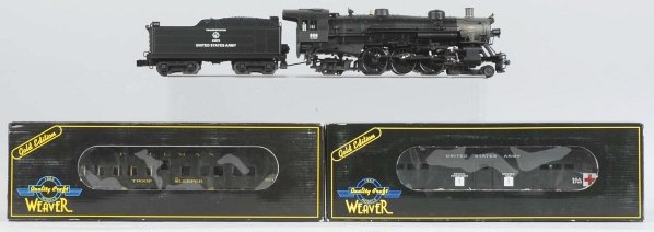 Weaver Pacific Engine-Tender & WWII Troop Cars.: Contemporary. Probably not a cataloged set. Includes a 3-rail no. 7274 pullman troop sleeper and 3-rail no. 8768 troop hospital car. Also includes a USRA Light Pacific 4-6-2 steam engine and tender. O