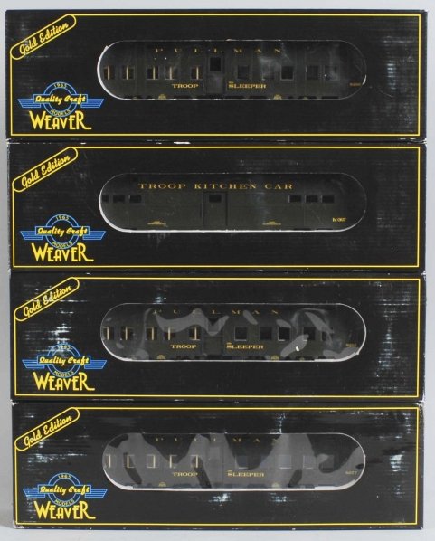 Lot of 4: Weaver WWII Troop Train Cars.: Contemporary. Includes kitchen car and three troop sleepers. Includes original boxes. Condition (Near Mint).