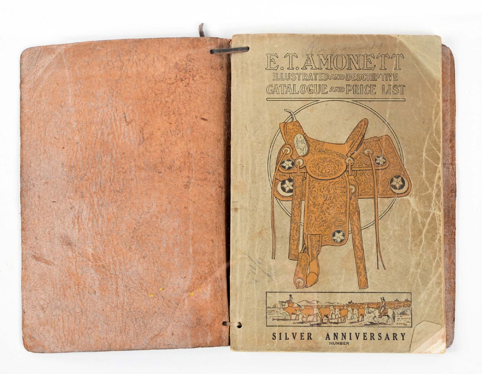 E. T. AMONETT ILLUSTRATED AND DESCRIPTIVE WITH PRICE LIST SADDLE CATALOGUE: E.T. Amonett Saddlery catalog. Titled: E.T. AMONETT ILLUSTRATED AND DESCRIPTIVE CATALOGUE AND PRICE LIST, El Paso, Texas, 120 pages, 1931. Includes illustrations. In leather cowboy binding. Measuremen