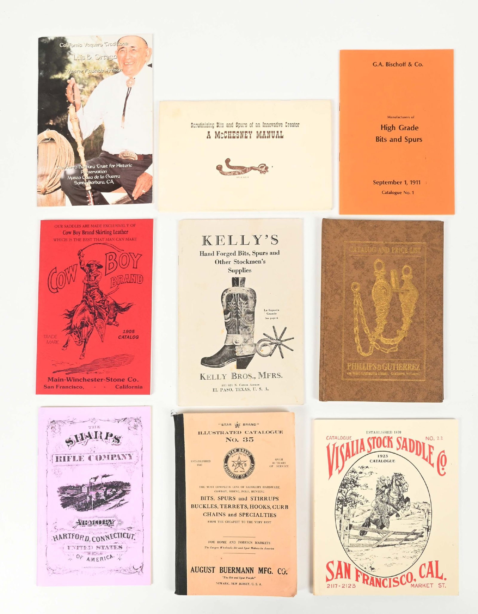 LOT OF 9: VARIOUS WESTERN BOOKS AND CATALOGUES: Great instant research library for the western collector of reprinted historic catalogs. Included are: August Buermann, McChesney, Phillips & Gutierrez, Visalia Stock Saddle Co., G.A. Bischoff, Luis B