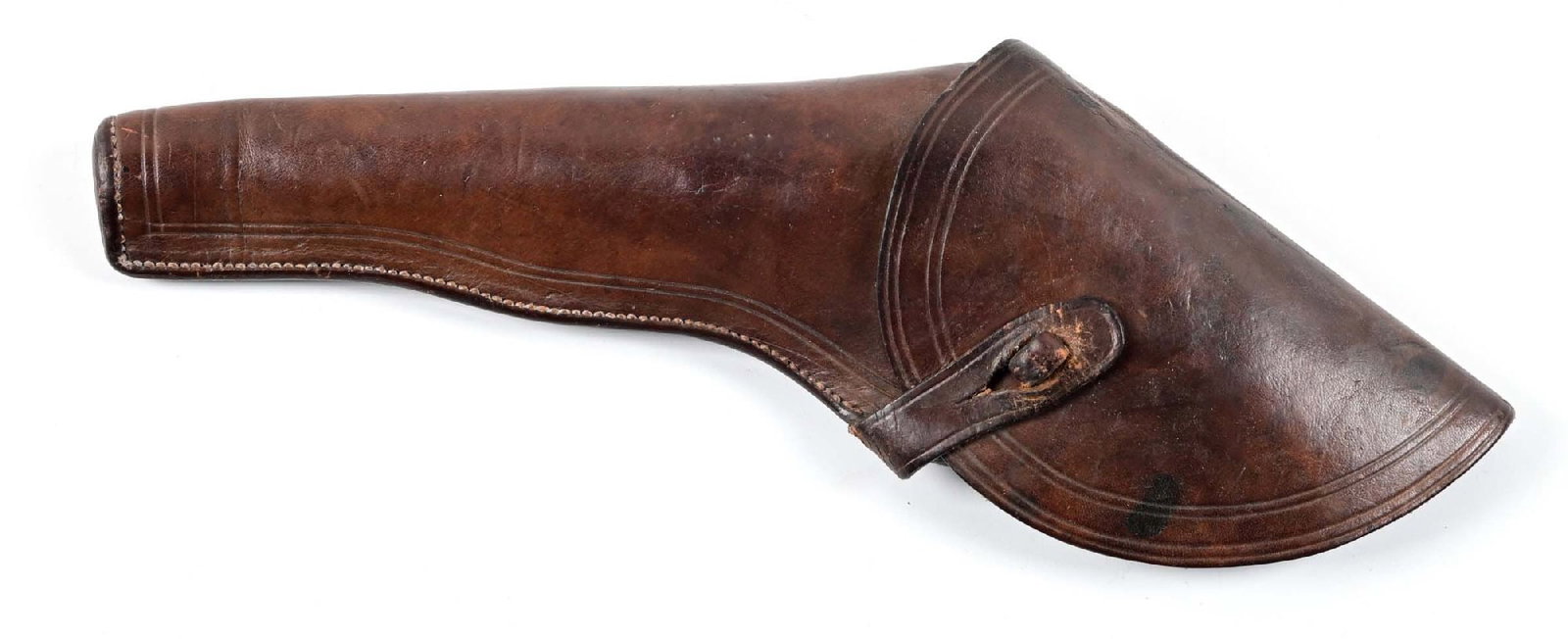 SLIM JIM HOLSTER FOR COLT '49 POCKET REVOLVER: Variation of a classic California pattern holster with flap. Fits a M1849 Colt Pocket percussion revolver. Measures:12" x 3 1/2". CONDITION: Excellent. Tight seam stitching and retains toe cap.
