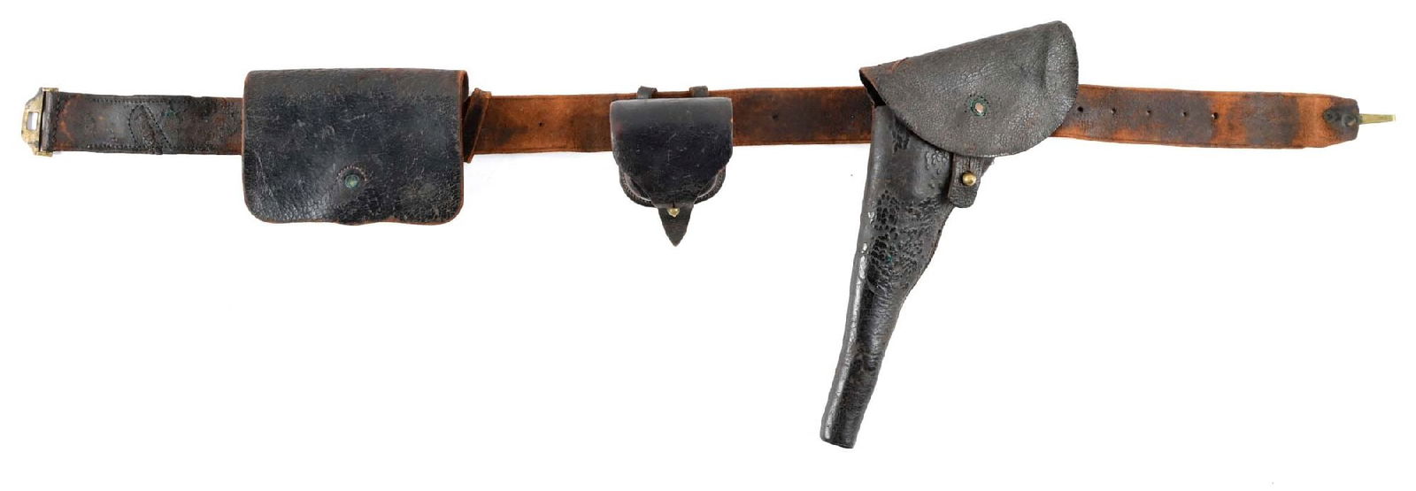 US CIVIL WAR HOLSTER AND CARTRIDGE POUCH SET: Holster, cap pouch, and cartridge box for a M1860 Colt Army revolver. On original leather belt with brass buckle. Belt is 42" long x 1 3/4" wide. CONDITION: Good with overall leather flaking. Dimensio
