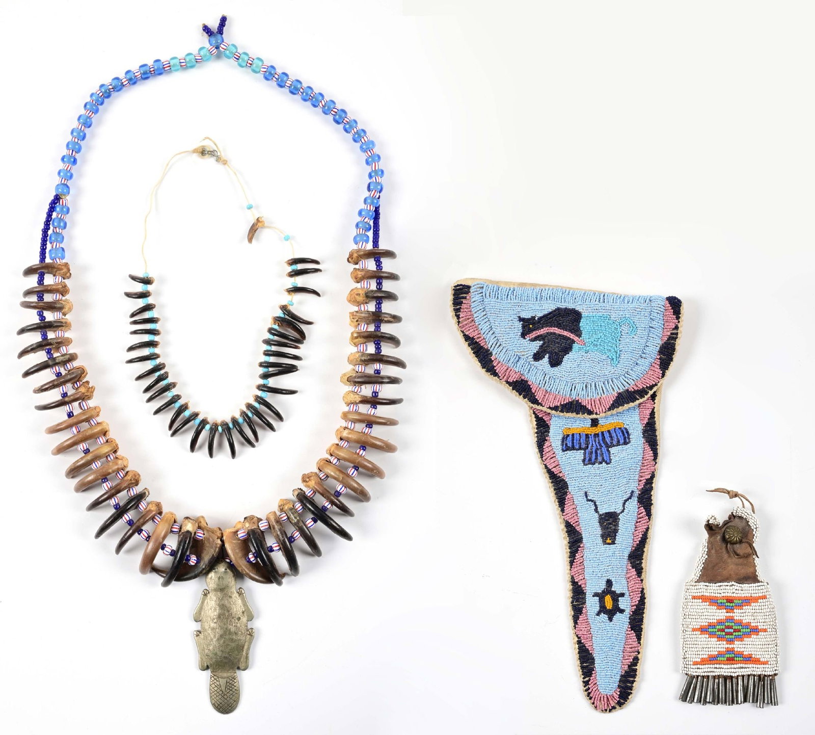 LOT OF 4: BEADED GUN HOLSTER, RATION POUCH, AND NECKLACES.: (A) Native American beaded revolver holster with bison, turtle, and thunderbird figural motifs. (B) Small beaded pouch with tin cone danglers/ Measurements: Holster: 17" x 7 1/2", pouch 5 3/4" x 3". S