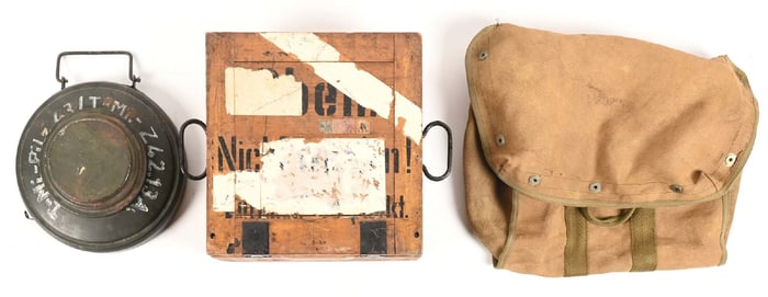 LOT OF 3: GERMAN WWII CRATE, DUMMY TELLER MINE, AND PARACHUTE BAG.