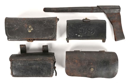 LOT OF 5: US CARTRIDGE BOXES AND BAYONET SCABBARD.