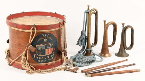LOT OF 5: PAINTED DRUM, 3 BUGLES, AND FIFE.
