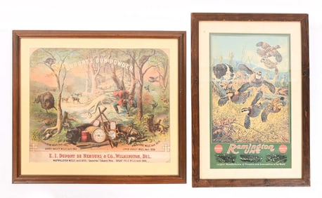 LOT OF 2: FRAMED REMINGTON UMC & DUPONT GUNPOWDER ADVERTISEMENTS.