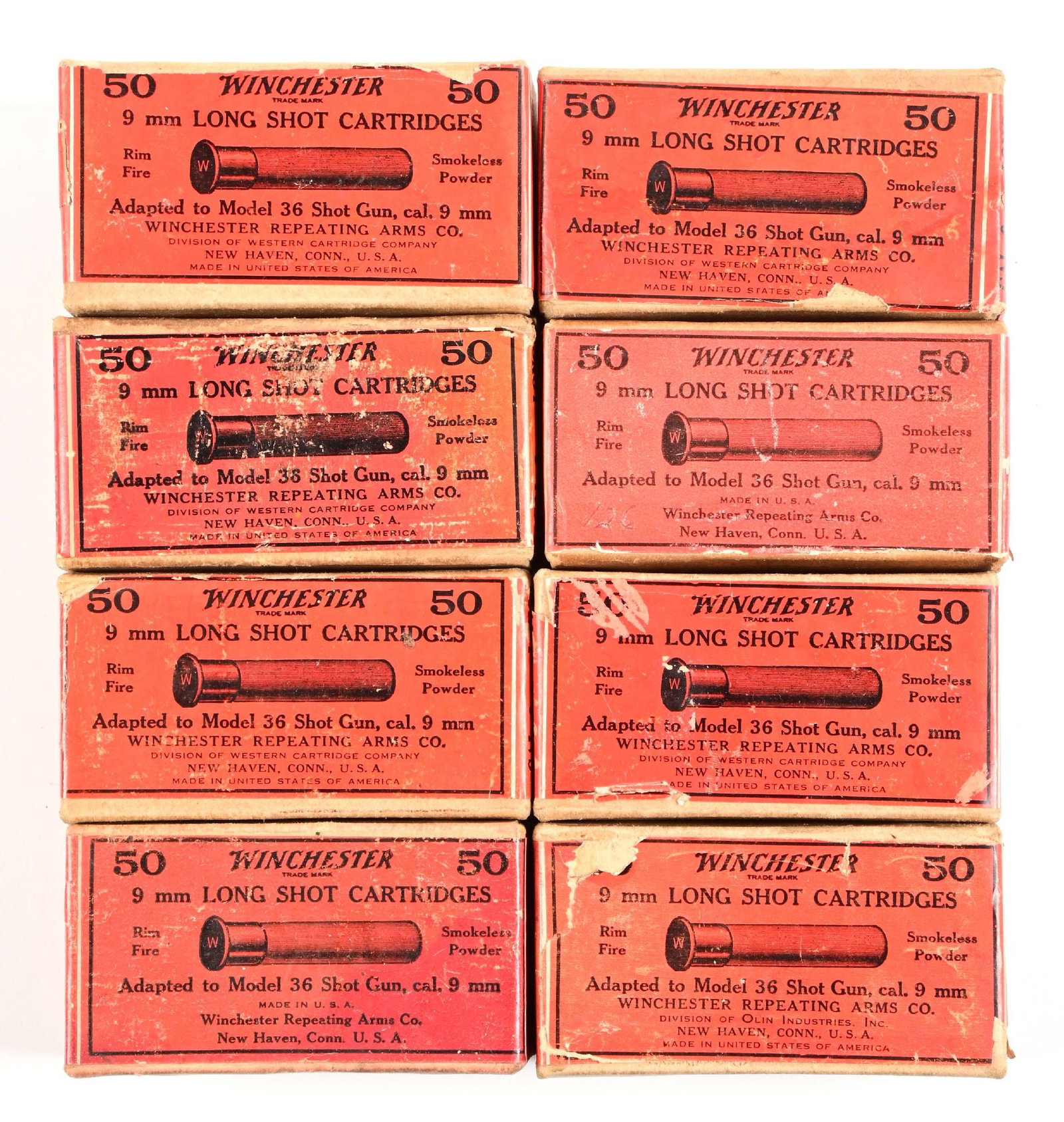 LOT OF 8: COLLECTIBLE WINCHESTER 9MM LONG SHOT CATRIDGES.: This lot includes eight full two-piece boxes of Winchester 9mm Long Shot cartridges that are used in the Winchester Model 36. CONDITION: Contents are clean. One box has an unbroken seal, all others ha