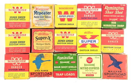 LOT OF 15: COLLECTABLE SHOTGUN AMMUNITION BOXES WITH AMMO.