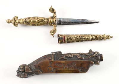 LOT OF 2: JAPANESE HAND CANNON AND EUROPEAN BRASS FITTED DAGGER.