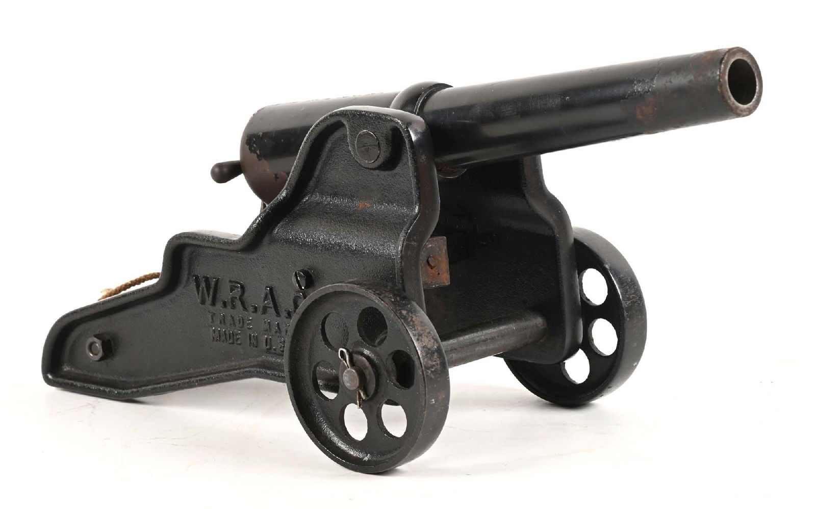 WINCHESTER 10 GA SIGNAL CANNON WITH WOODEN BOX.: First offered in their 1903 catalog, this is an early example of all-iron construction. It has a WRA embossed carriage and is a breech-loading 10-gauge signal cannon. It includes the wooden Winchester