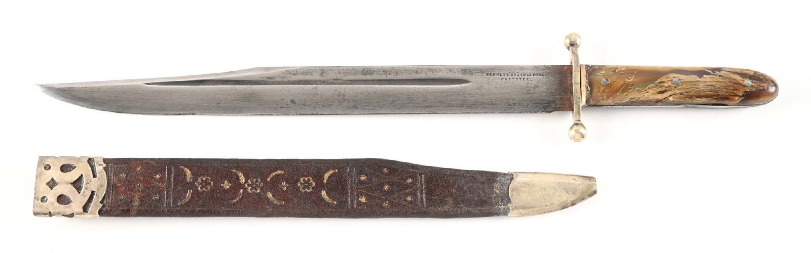 BENNETT BROTHERTON & CO CLIP POINT BOWIE KNIFE.: Circa 1880-1900 large Bowie style knife with clip point blade. Most likely made for the South American market. Retains original Moroccan leather sheath with German silver tip and filigree throat. Blad