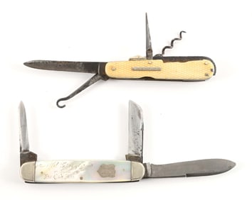 LOT OF 2: PEARL HANDLED CATTLE KNIFE WITH INTRIGUING INSCRIPTION BY GEO. WOSTENHOLM, SHEFFIELD AND