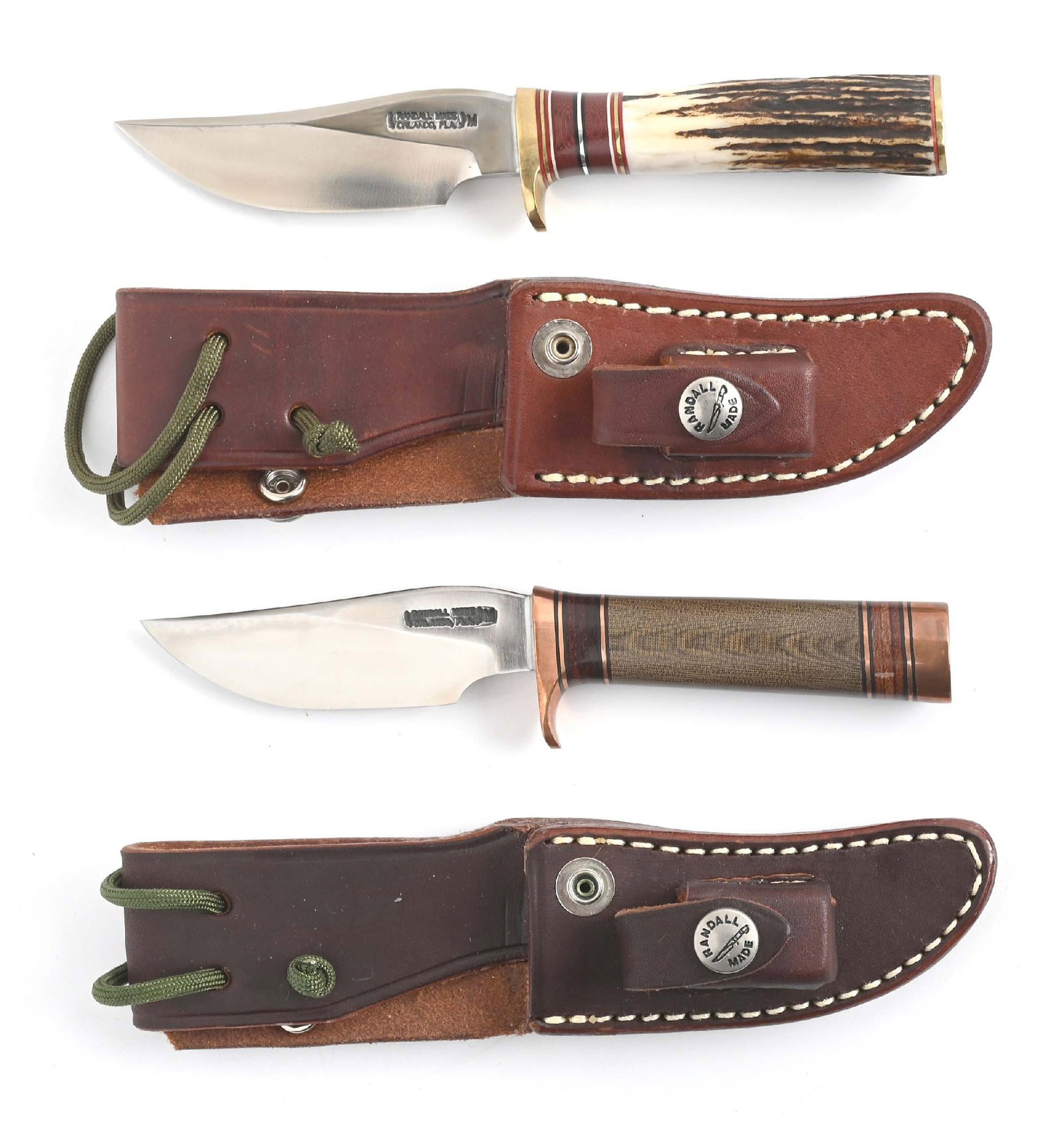 LOT OF 2: RANDAL M27 KNIVES.: Lot consists of: (A) Randall M27 Trailblazer with a stainless blade marked "RANDALL MADE / ORLANDO, FLA. M" between Randall's signature scimitars. Brass guard and pommel with stag grip that features r