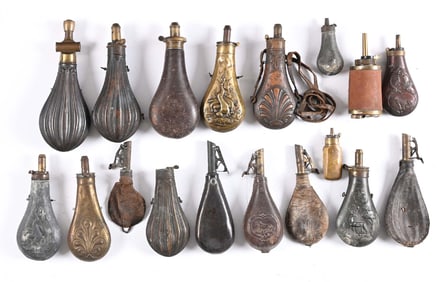 LOT OF 18: POWDER FLASKS AND SHOT BAGS.