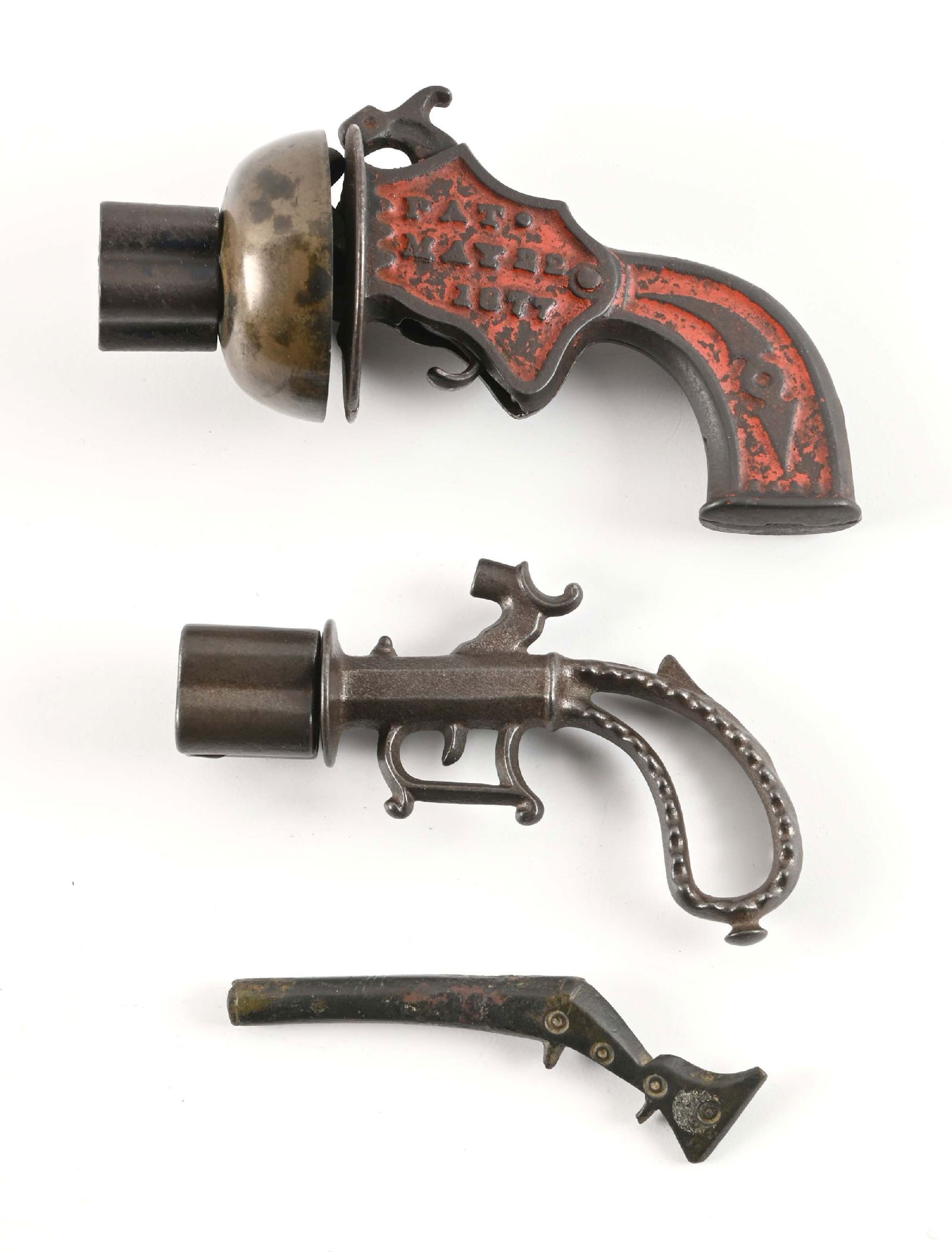 LOT OF 3: ANTIQUE TOY GUNS.: Lot consists of: (A) Scarce "Bell Derringer" cast iron cap gun. Interesting mechanical operation that rings a bell when you pull the trigger. Patent date of May 22nd, 1877. Known as one of the earlies