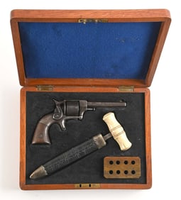 (A) ENGLISH CASED ALLEN & WHEELOCK SIDE HAMMER REVOLVER & PUSH DAGGER.