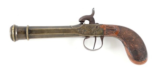 (A) BRASS BARRELED PERCUSSION MUFF PISTOL.