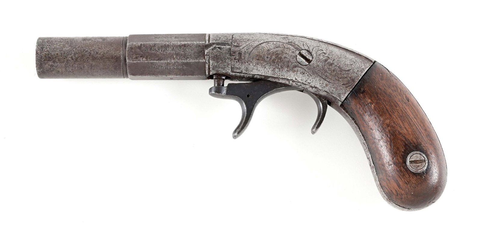 (A) BACON & CO UNDERHAMMER PERCUSSION PISTOL.: Barrel is stamped "BACON & CO" with "Norwich CT". Lightly engraved frame and two piece walnut grips. CONDITION: Very good. Grips are fine. All grey freckled patina. Working order with well defined rif