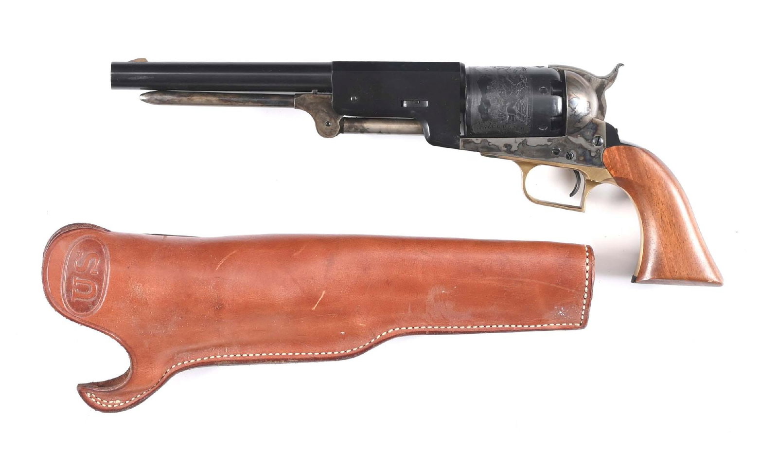 (A) ASM REPLICA COLT MODEL 1847 WALKER PERCUSSION REVOLVER.: Italian replica of a Walker with square back, brass straps, blue and case color finish, one piece walnut grips, stamped "US 1847" on barrel, and one piece walnut grips. In box with US leather holster.