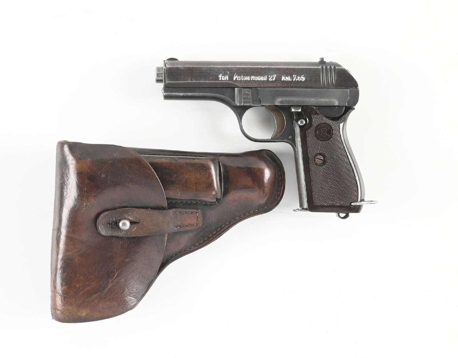 (C) NAZI MARKED CZ 27 SEMI AUTOMATIC PISTOL WITH LEATHER HOLSTER.: Produced under Nazi occupation as evidenced by waffenamt "WaA78" on right side of frame and "fnh" Prague plant code on slide. Features a blue finish, CZ monogram composition grips, and lanyard ring on