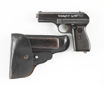 (C) NAZI MARKED CZ 27 SEMI AUTOMATIC PISTOL WITH LEATHER HOLSTER.