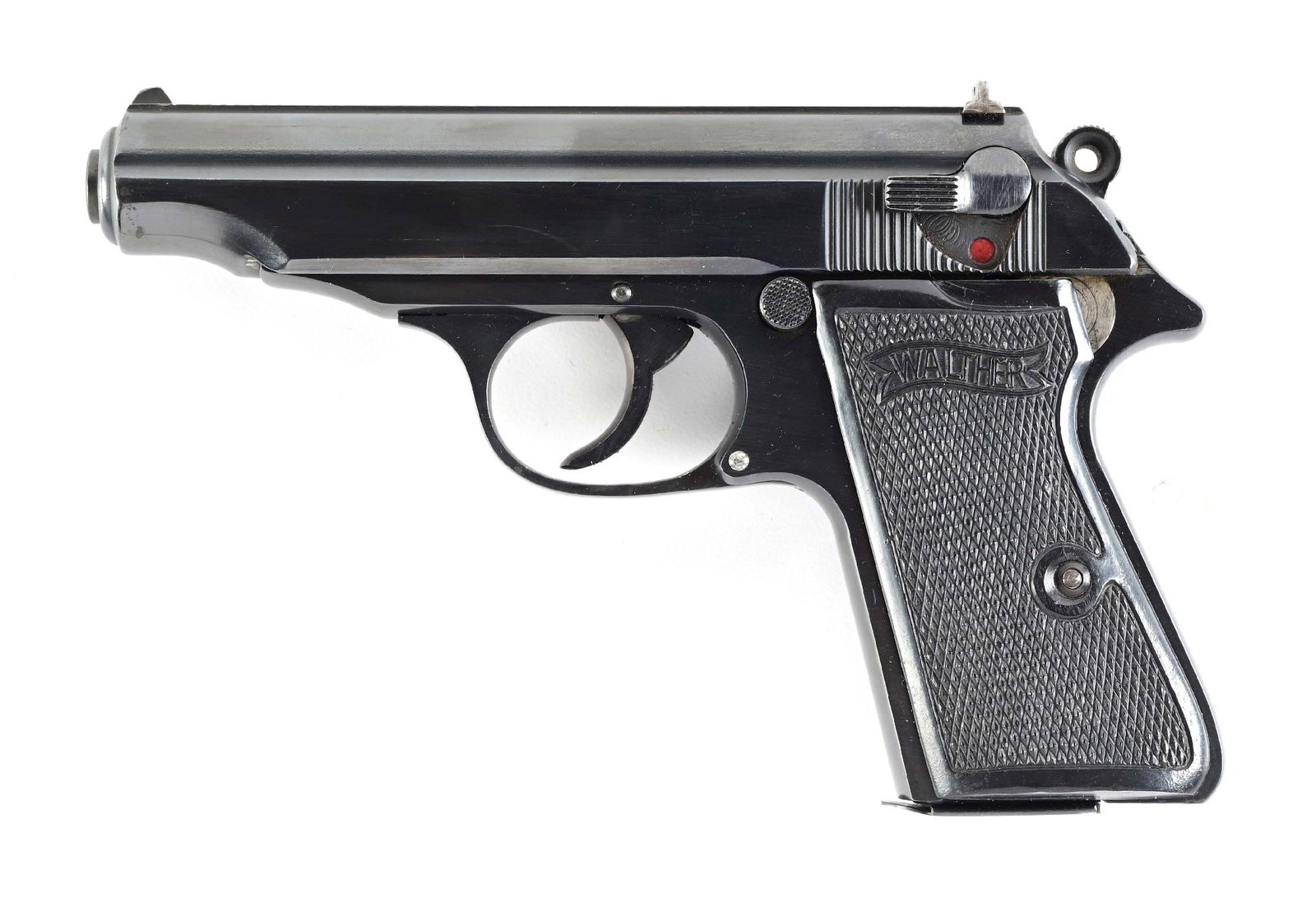 (C) WALTHER PP SEMI AUTOMATIC PISTOL.: Circa 1945. Classic fixed front sight and U notch wind drift rear. Slide serial numbered to a different gun, 389314, and with "AC" Walther code. Reproduction Walther banner grips. CONDITION: Good, reb
