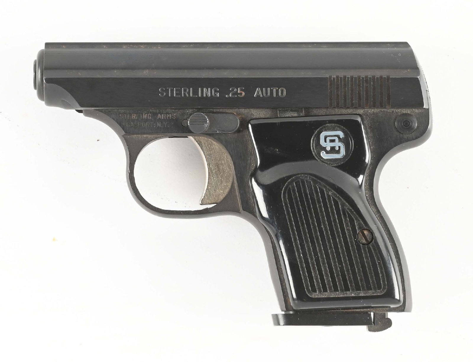 (M) STERLING ARMS STERLING .25 AUTO SEMIAUTOMATIC PISTOL WITH ORIGINAL BOX.: Made in New York. Blue finish, monogram black plastic grips, and fixed sights. CONDITION: Excellent. Shows minor handling marks. Accessories: Box Barrel Length: 2 - 1/2" Caliber/Bore: .25 ACP FFL Stat