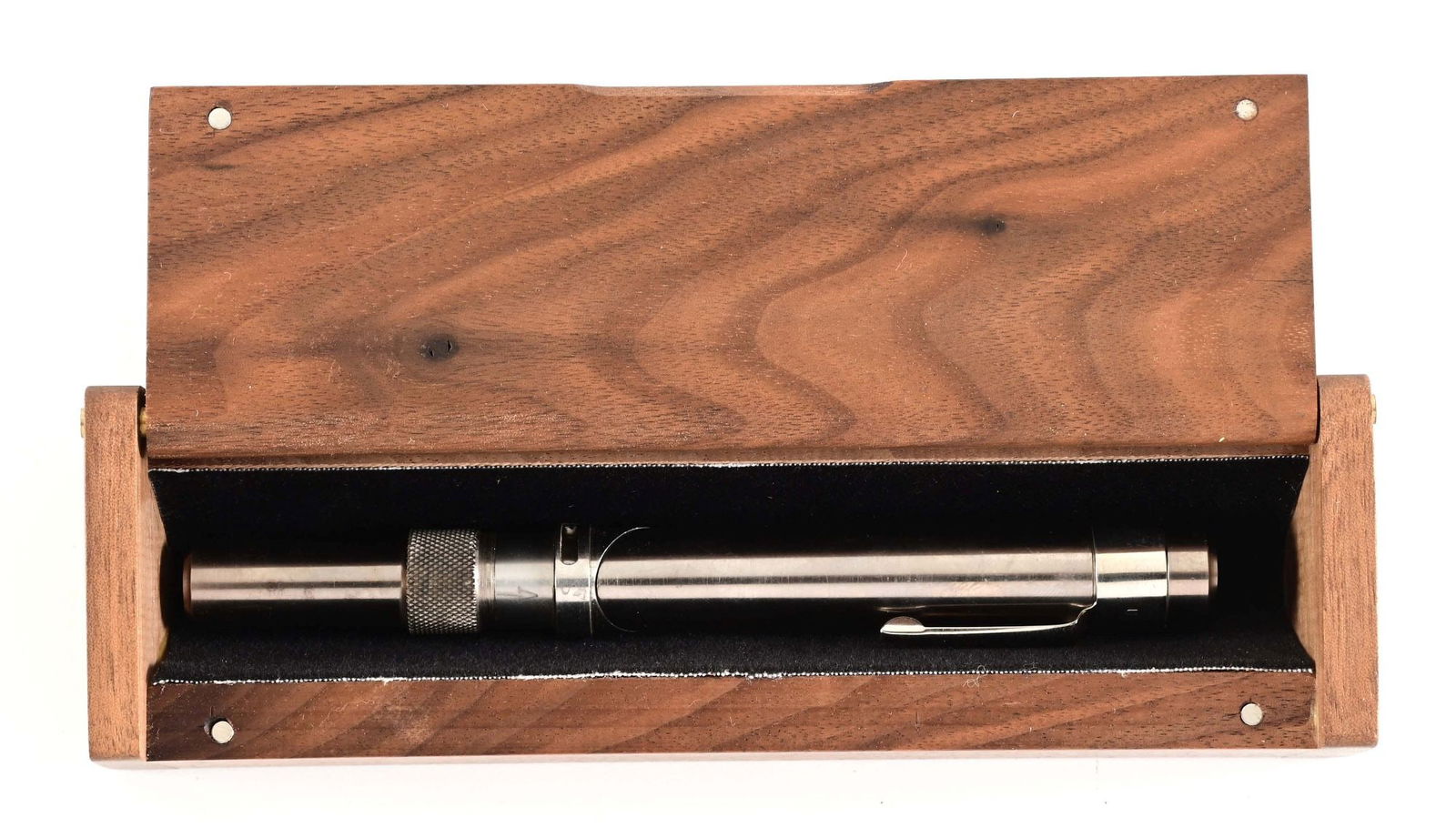 (M) AMERICAN DERRINGER CORP. MODEL 2 SINGLE SHOT PEN PISTOL.: Well built stainless pistol with the appearance of a pen that can hook right in your pocket but once folded, fires a .25 caliber cartridge. CONDITION: Excellent. Shows as new with light handling marks