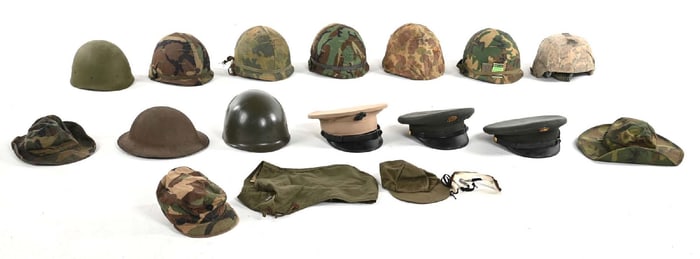 LOT OF 17: US WWI-POST WWII HELMETS AND HEADGEAR.