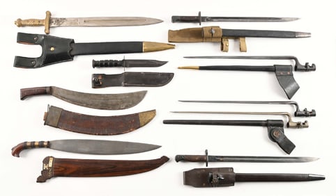 LOT OF MISCELLANEOUS BAYONETS, KNIVES, AND SWORD.