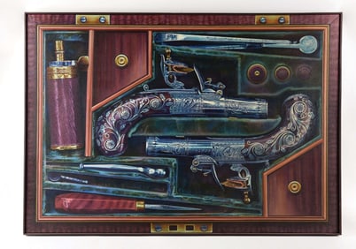 AN OIL PAINTING OF A PAIR OF HIGH QUALITY LONDON MUFF PISTOLS.
