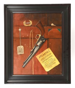 VINTAGE COLT 1860 ARMY FRAMED OIL PAINTING.