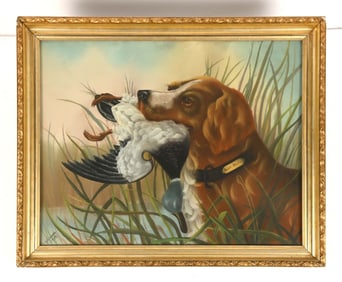 1909 DATED J. JOHNSON HUNTING DOG PAINTING.