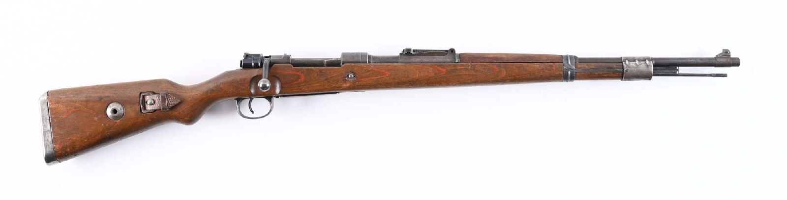 (C) BRUNN DOU 43 CODE K98 MAUSER BOLT ACTION RIFLE (1943).: Manufactured in 1943. Finished in blue with a ramped blade front sight, tangent rear, red glue laminate stock, fabricated bands, milled bottom metal, and a cupped butt plate. Stock, magazine floor pla