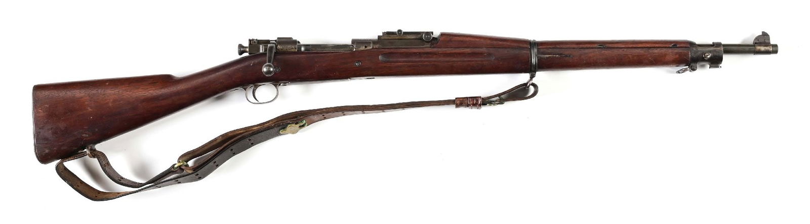 (C) US SPRINGFIELD MODEL 1903 WWI REBUILD BOLT ACTION RIFLE.: The early serif serial number on this gun places date built to 1909. The barrel is stamped RIA with bomb and dated 9-18. The finger groove walnut stock has both retaining bolts. Early straight bolt. T