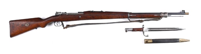 (C) DWM MODEL 1908 BRAZILIAN MAUSER BOLT ACTION RIFLE WITH BAYONET.
