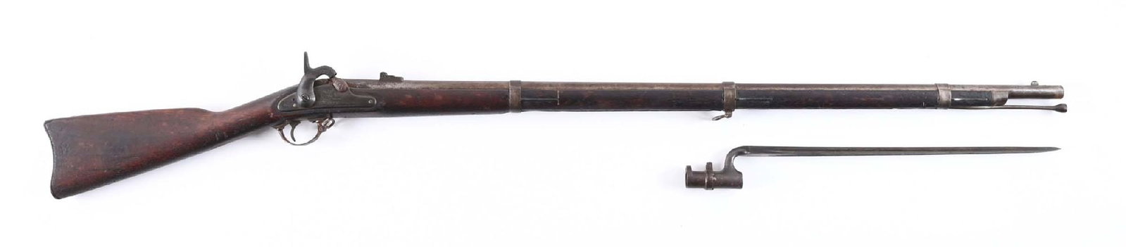 (A) SCARCE PROVIDENCE TOOL CO. MODEL 1861 CONTRACT PERCUSSION MUSKET.: Made in Rhode Island and dated 1864 and so stamped on lock. Standard Civil War percussion infantry rifle with full length walnut stock, iron furniture, and hardware finished in-the-white with exceptio