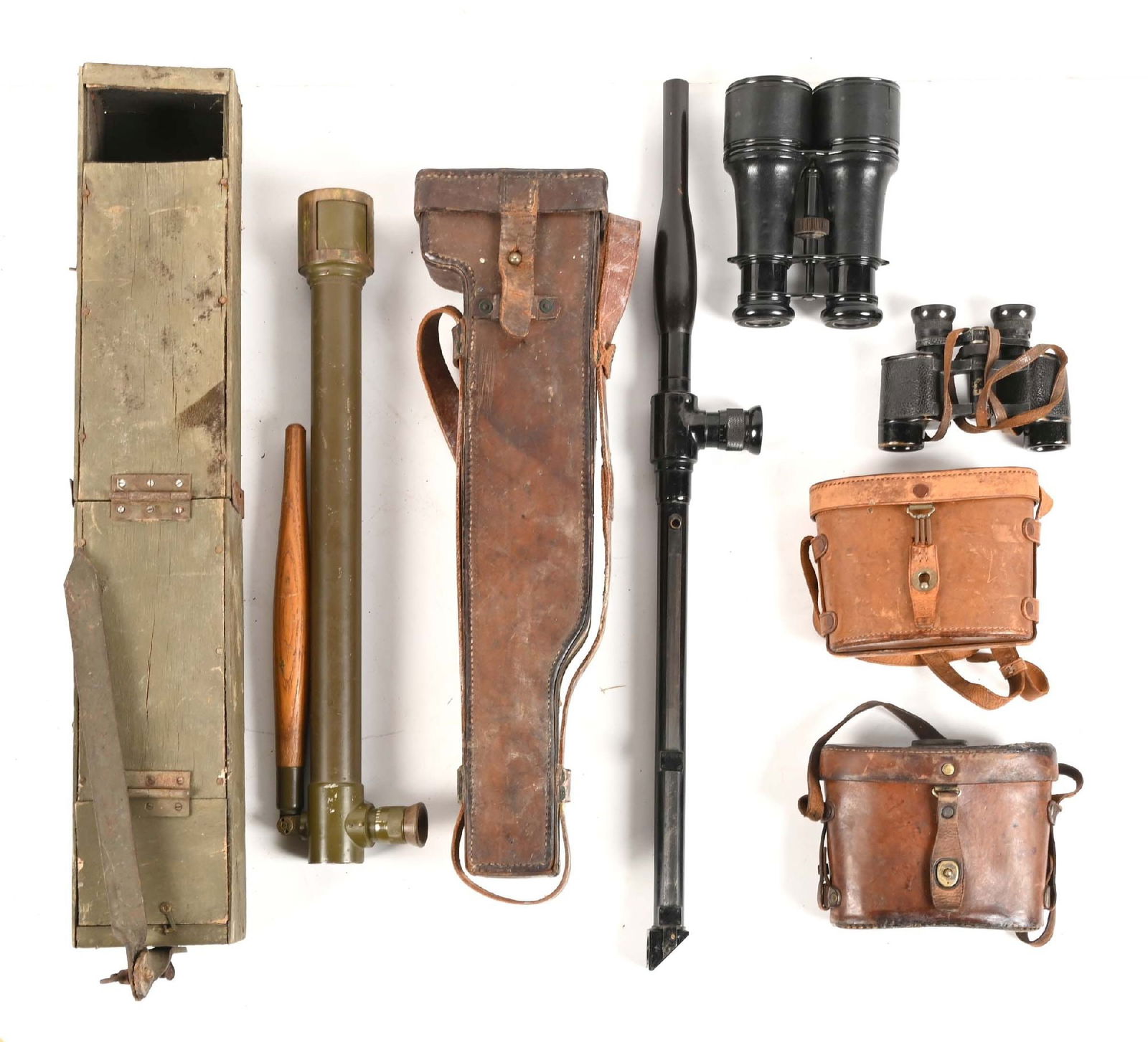 LOT OF VARIOUS WWI-WWII OPTICS.: Lot contains several optics that date from World War I-World War II including two WWI trench periscopes, a WWII Japanese periscope, Japanese binoculars, French binoculars, and an empty Bausch Lomb Opt