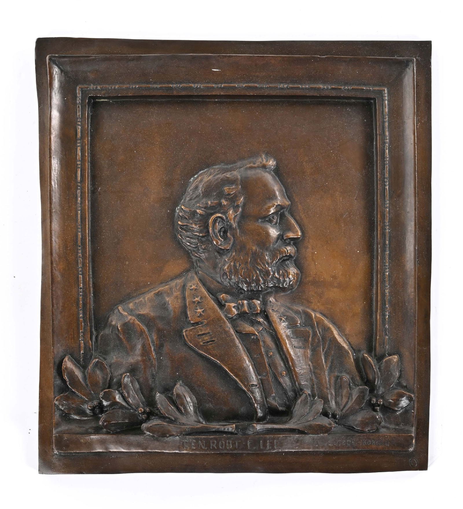 ROBERT E. LEE BRONZE PLAQUE BY GUTZON BORGLUM.: Measures 16" x 14 - 1/2". By American sculptor best known for his work on Mount Rushmore, J. Gutzon Borglum,and signed at lower left. Nice patina with a few blemishes. CONDITION: Very good.