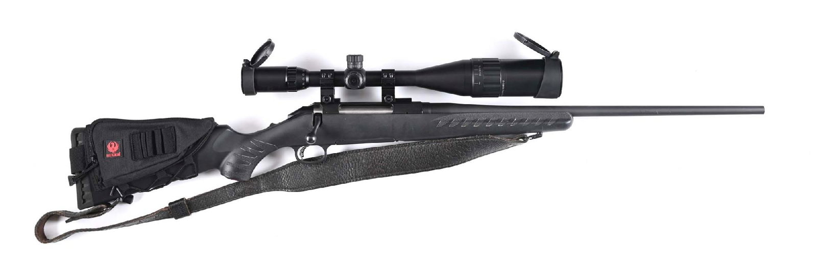 (M) RUGER AMERICAN .30-06 BOLT ACTION RIFLE WITH CASE.: Features a black composite stock with pistol grip, detachable cheek piece, sling, no barrel sights, and sporting a variable Leapers scope. Comes with nylon carry case. CONDITION' Excellent: Shows as n