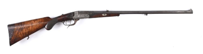 (C) AUGUST WITTE DORTMUND RETAILED HUBERTUS STALKING RIFLE.