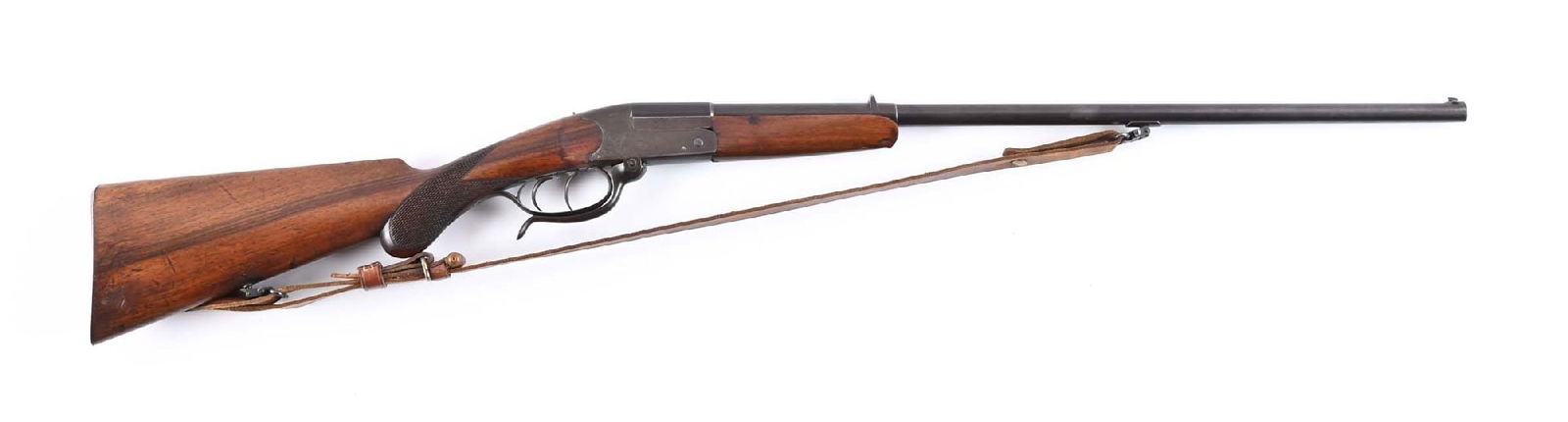 (C) J.P. SAUER & SOHN .22 LR SINGLE SHOT STALKING RIFLE.: Also referred to as Rook or Garden rifles featuring a round barrel, dovetailed front sight, single fixed leaf rear sight, blue finish, some light engraving, double set triggers, checkered walnut stock